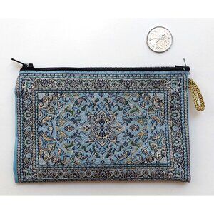 Blue and Gold Embroidered Small Zipper Pouch Wallet Oriental Ornate